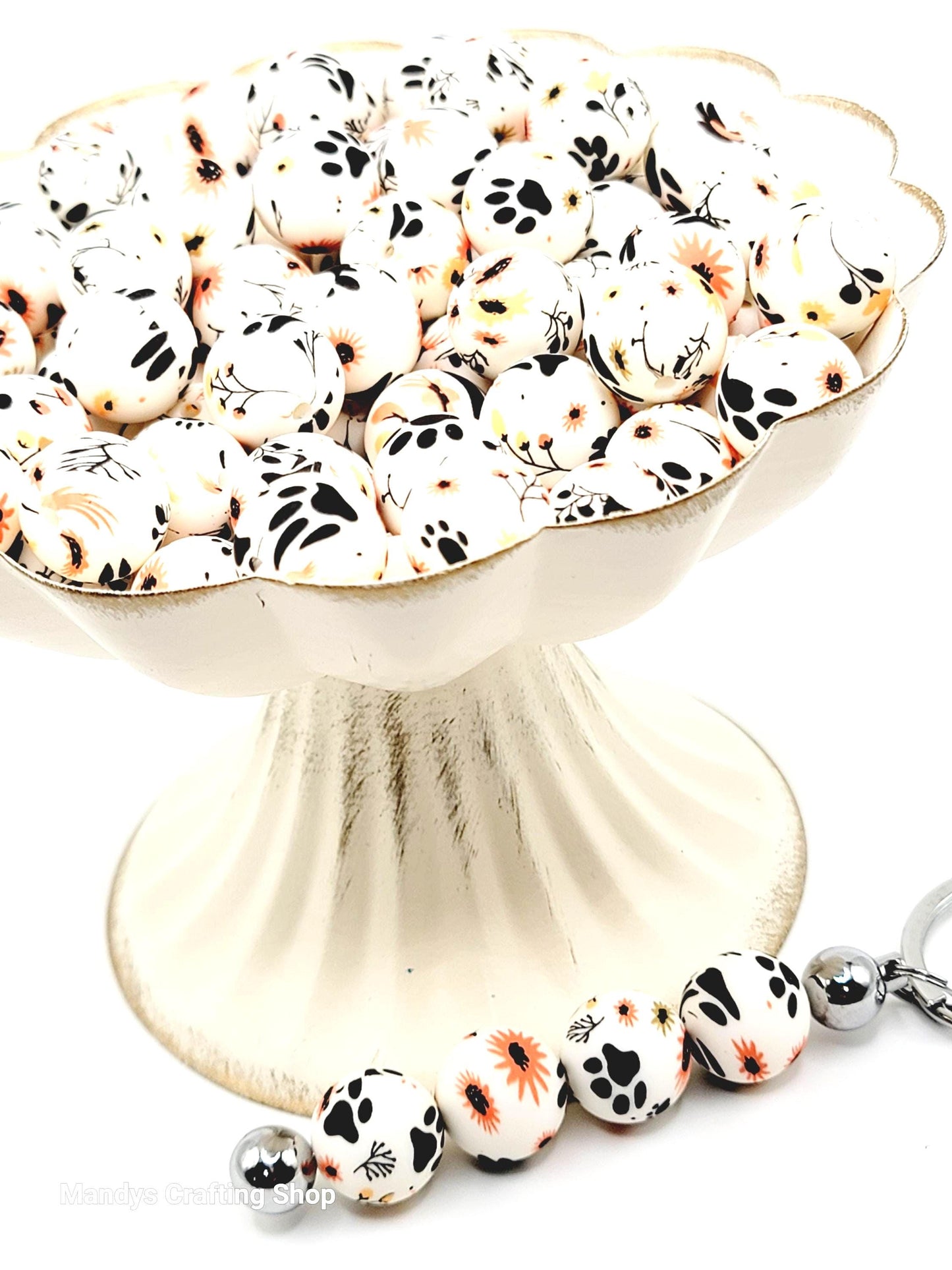 15mm Printed Floral Paw Print Silicone Bead – Round Pet Paw Beads for Pens & Wristlets