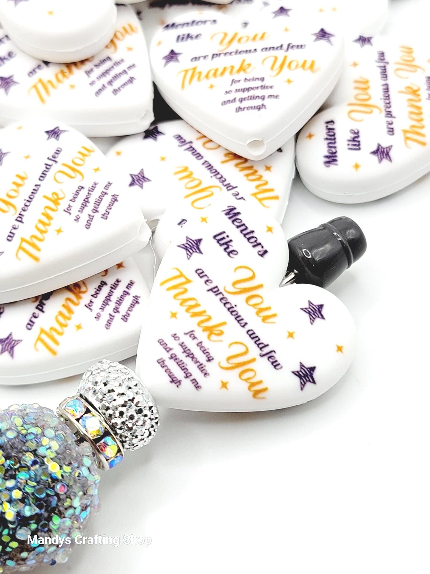 Thank You Heart Focal Bead – Printed Silicone Teacher, Coworker & Mentor Pen Bead (Set of 2)