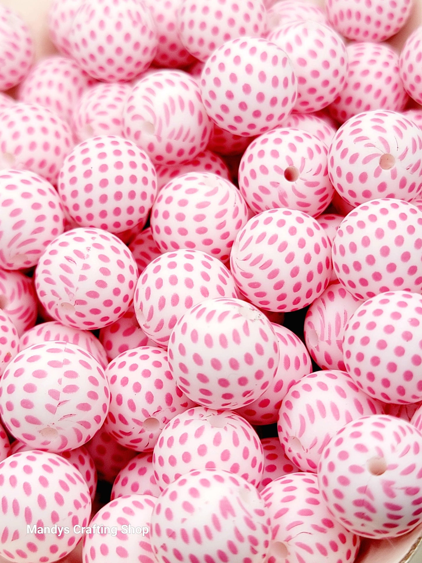 15mm Printed Pink & White Polka Dot Silicone Bead – Pink Round Beads for Pens & Wristlets