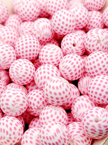 15mm Printed Pink & White Polka Dot Silicone Bead – Pink Round Beads for Pens & Wristlets