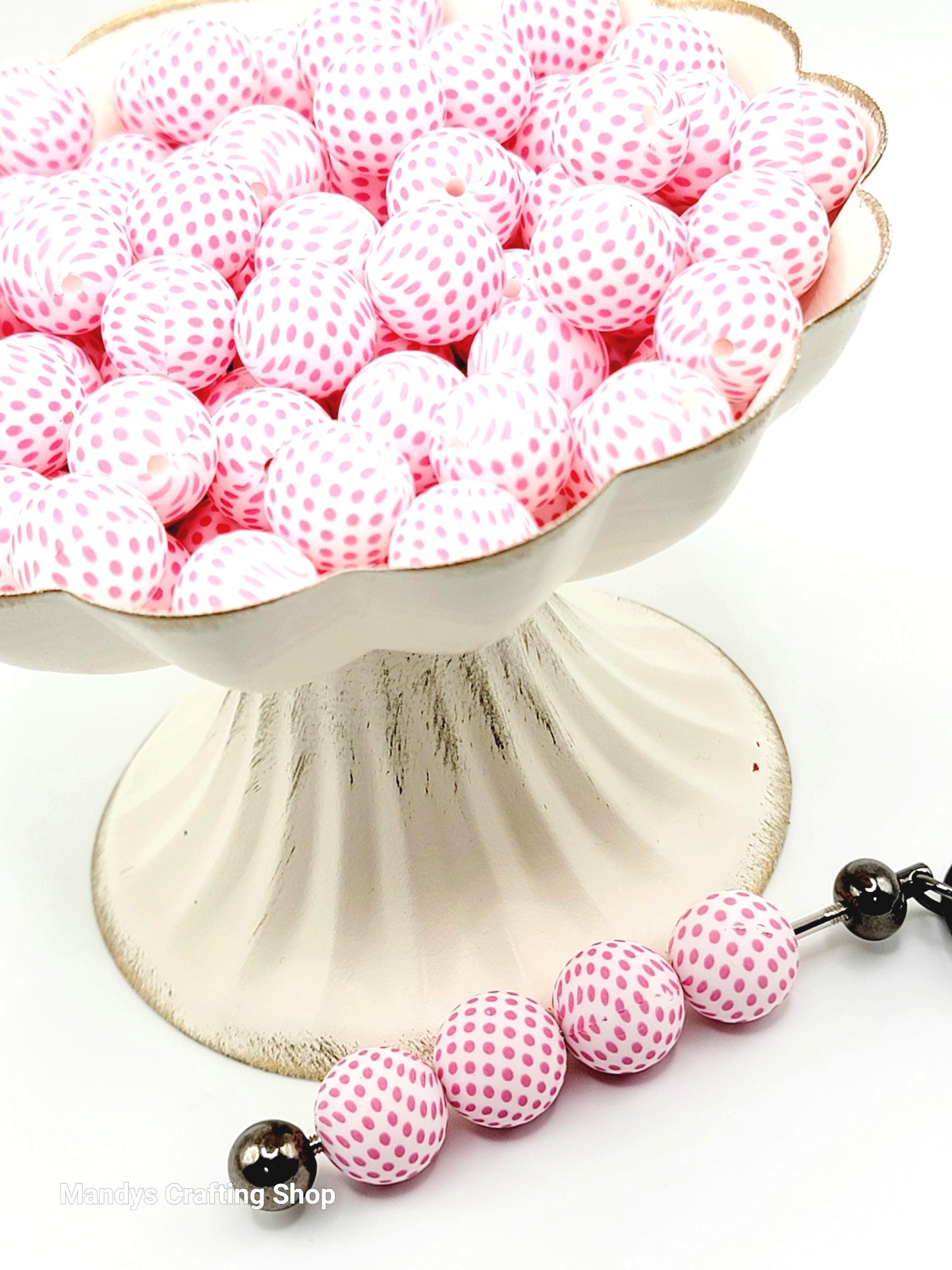 15mm Printed Pink & White Polka Dot Silicone Bead – Pink Round Beads for Pens & Wristlets