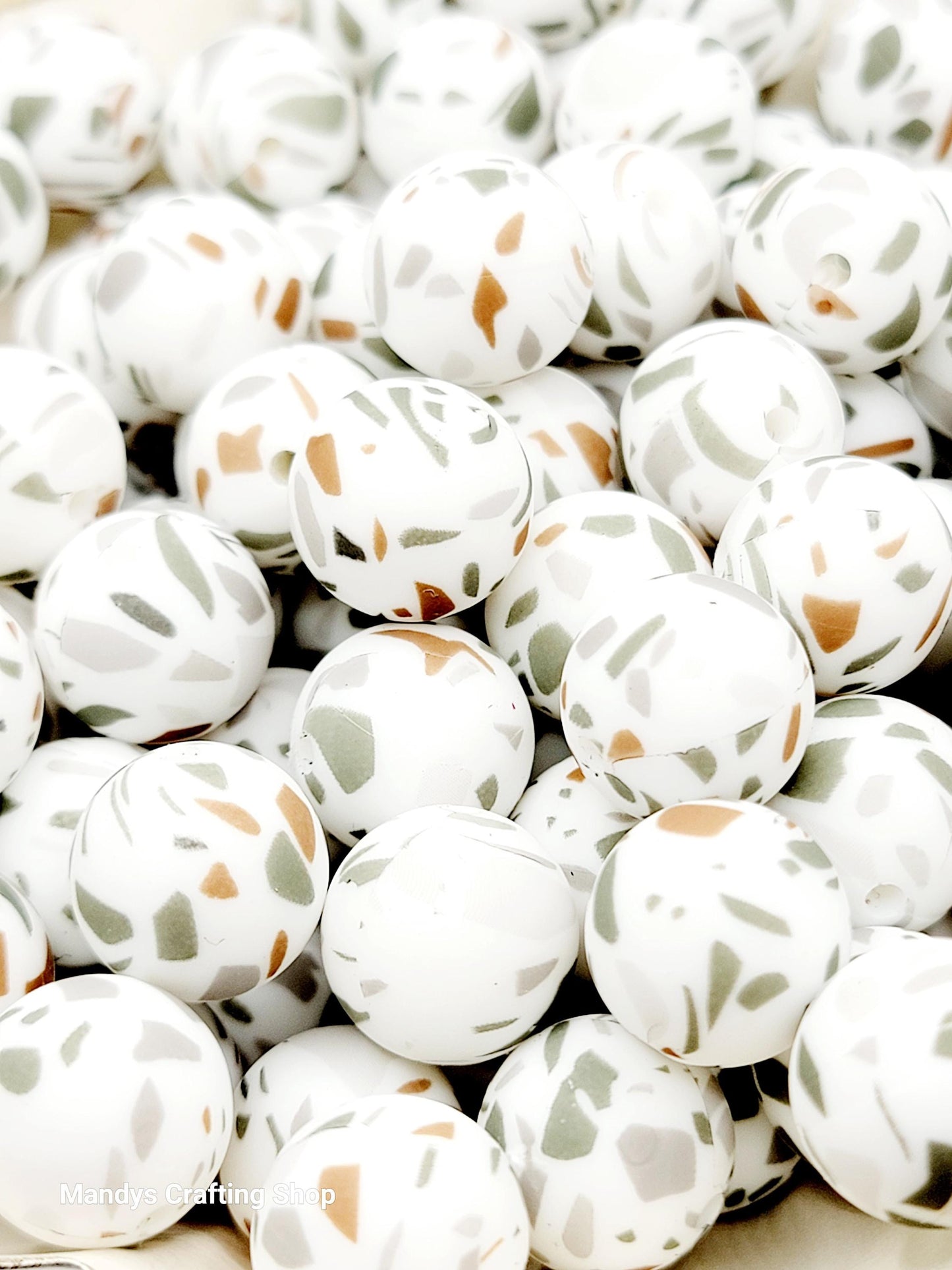 15mm Printed Gray and Brown Terrazzo Silicone Bead – Silicone Round Beads for Pens & Wristlets