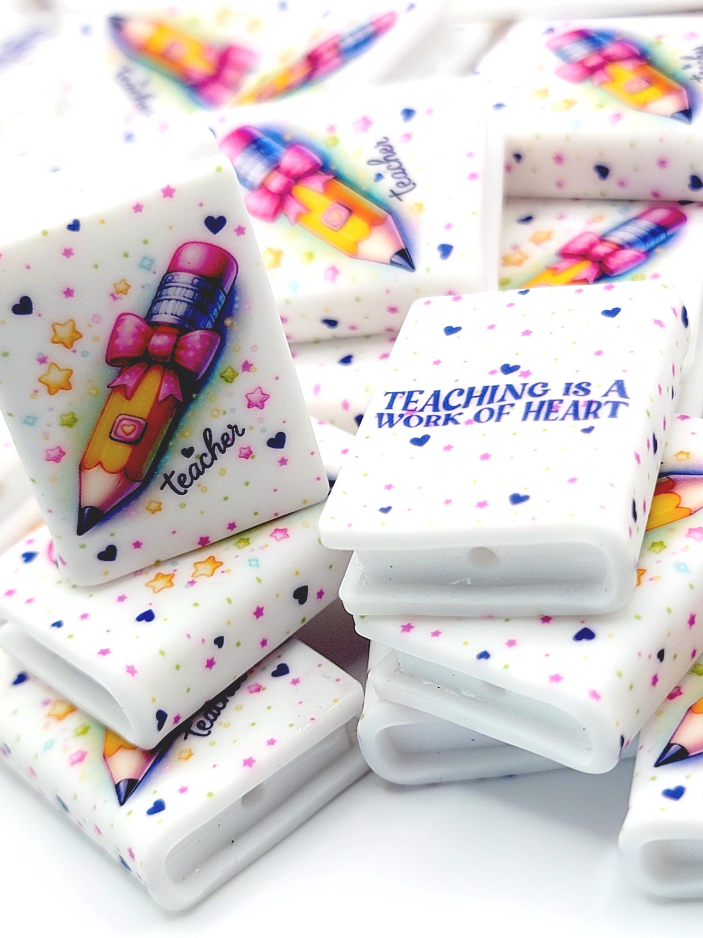 Teacher Pencil Bow Silicone Book Focal Bead – Back to School Journal Pen Bead (Set of 1 or 2)