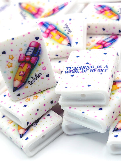 Teacher Pencil Bow Silicone Book Focal Bead – Back to School Journal Pen Bead (Set of 1 or 2)