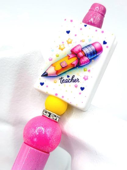 Teacher Pencil Bow Silicone Book Focal Bead – Back to School Journal Pen Bead (Set of 1 or 2)