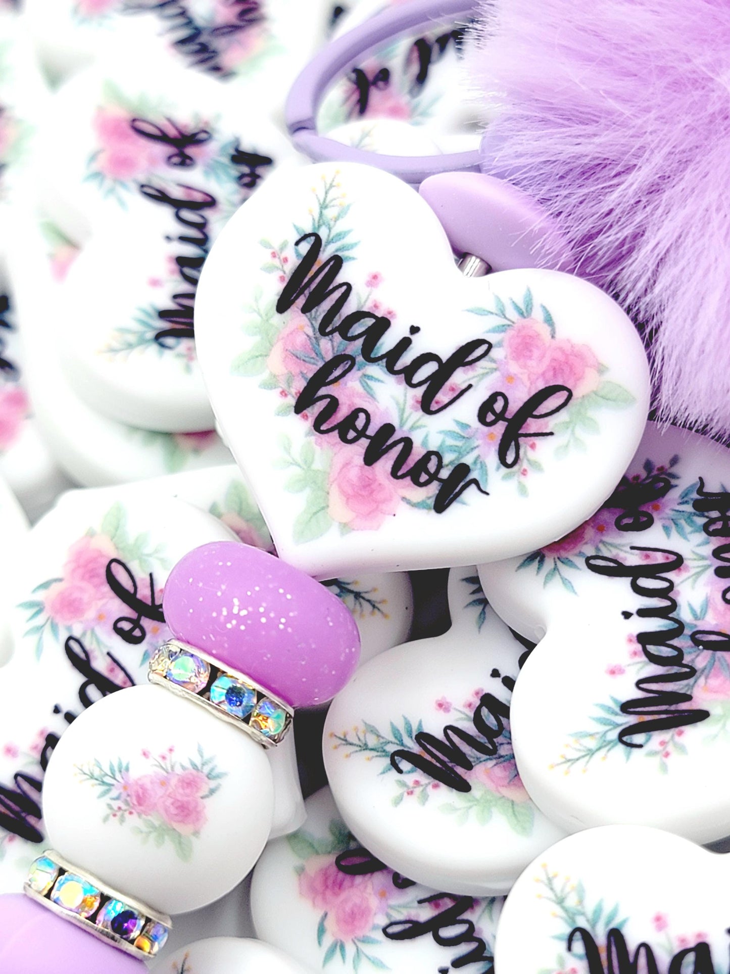 Floral Maid of Honor Heart Focal Pen Bead – Printed Silicone Bridal Party Gift Bead (Set of 2)