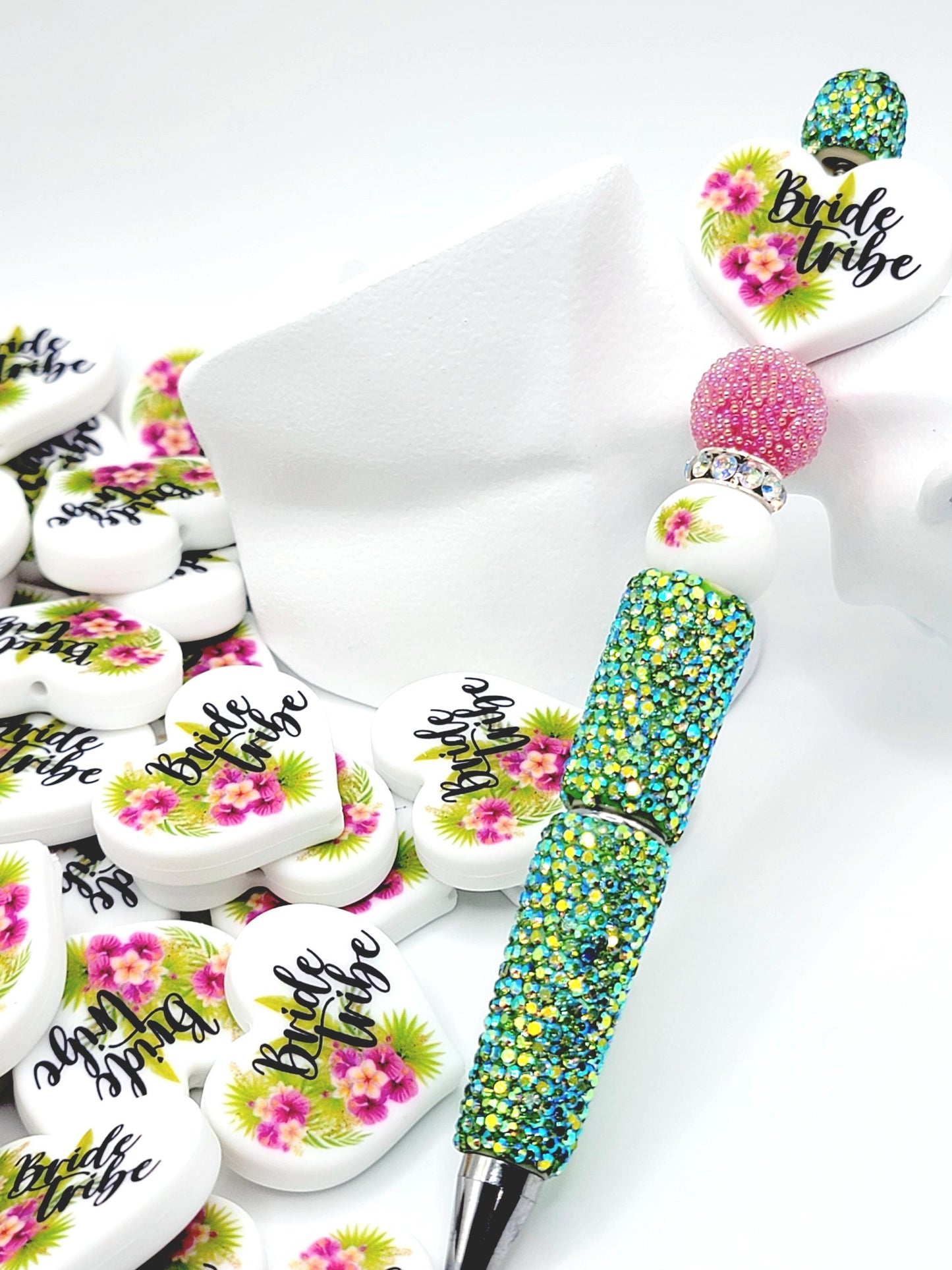 Tropical Floral Bridal Tribe Party Heart Focal Pen Bead – Printed Silicone Bridesmaid & Gift Bead (Set 1 or 2)