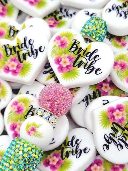 Tropical Floral Bridal Tribe Party Heart Focal Pen Bead – Printed Silicone Bridesmaid & Gift Bead (Set 1 or 2)