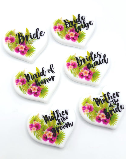 Tropical Floral Bridal Tribe Party Heart Focal Pen Bead – Printed Silicone Bridesmaid & Gift Bead (Set 1 or 2)