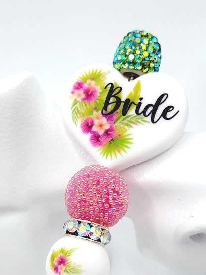 Tropical Floral Bride Heart Focal Pen Bead – Printed Silicone Bridal Bead for Pens & DIY Crafts (Set 1 or 2)