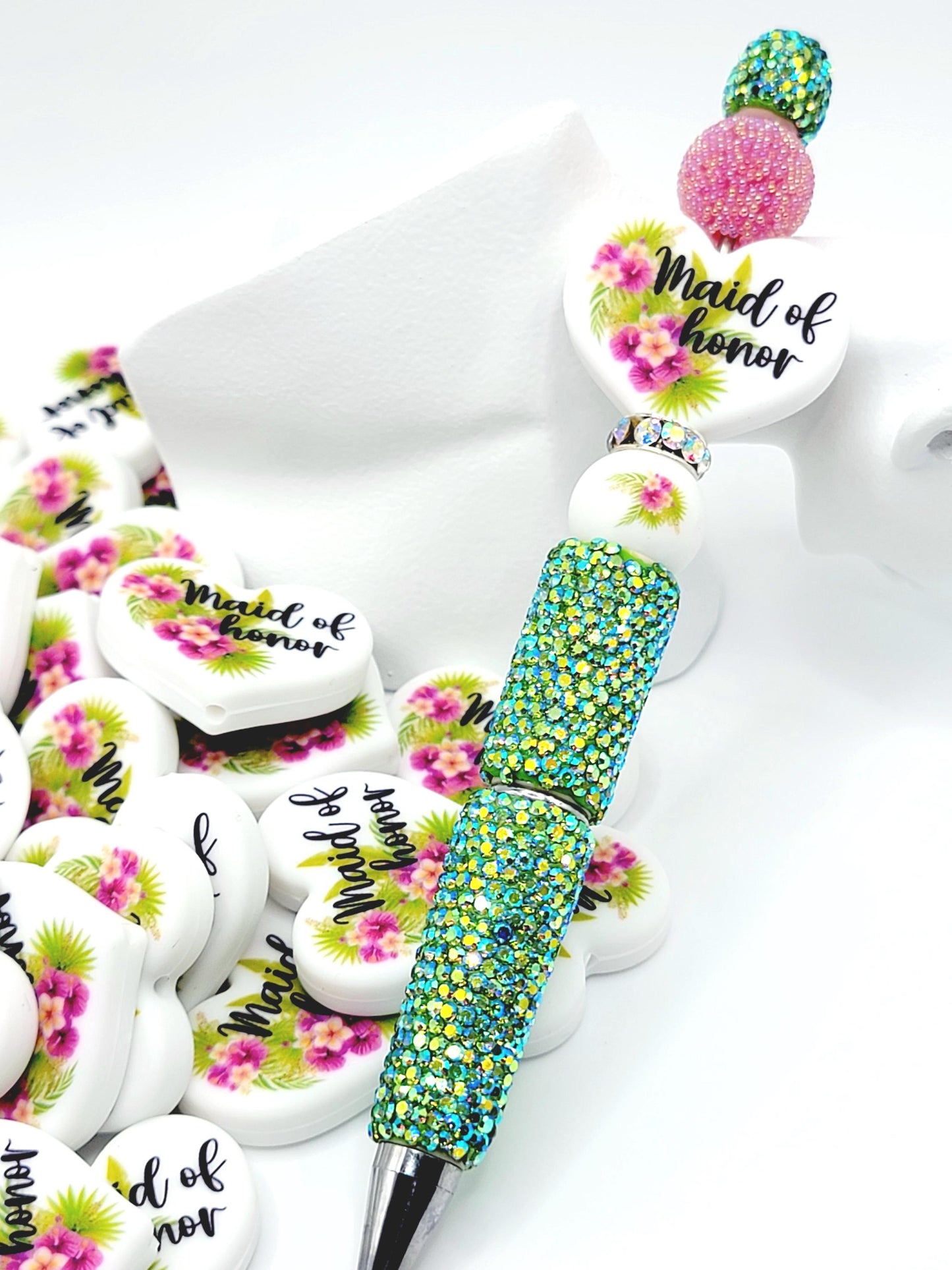 Tropical Floral Maid of Honor Heart Silicone Focal Pen Bead – Printed Bridal Heart Bead (Set 1 or 2)