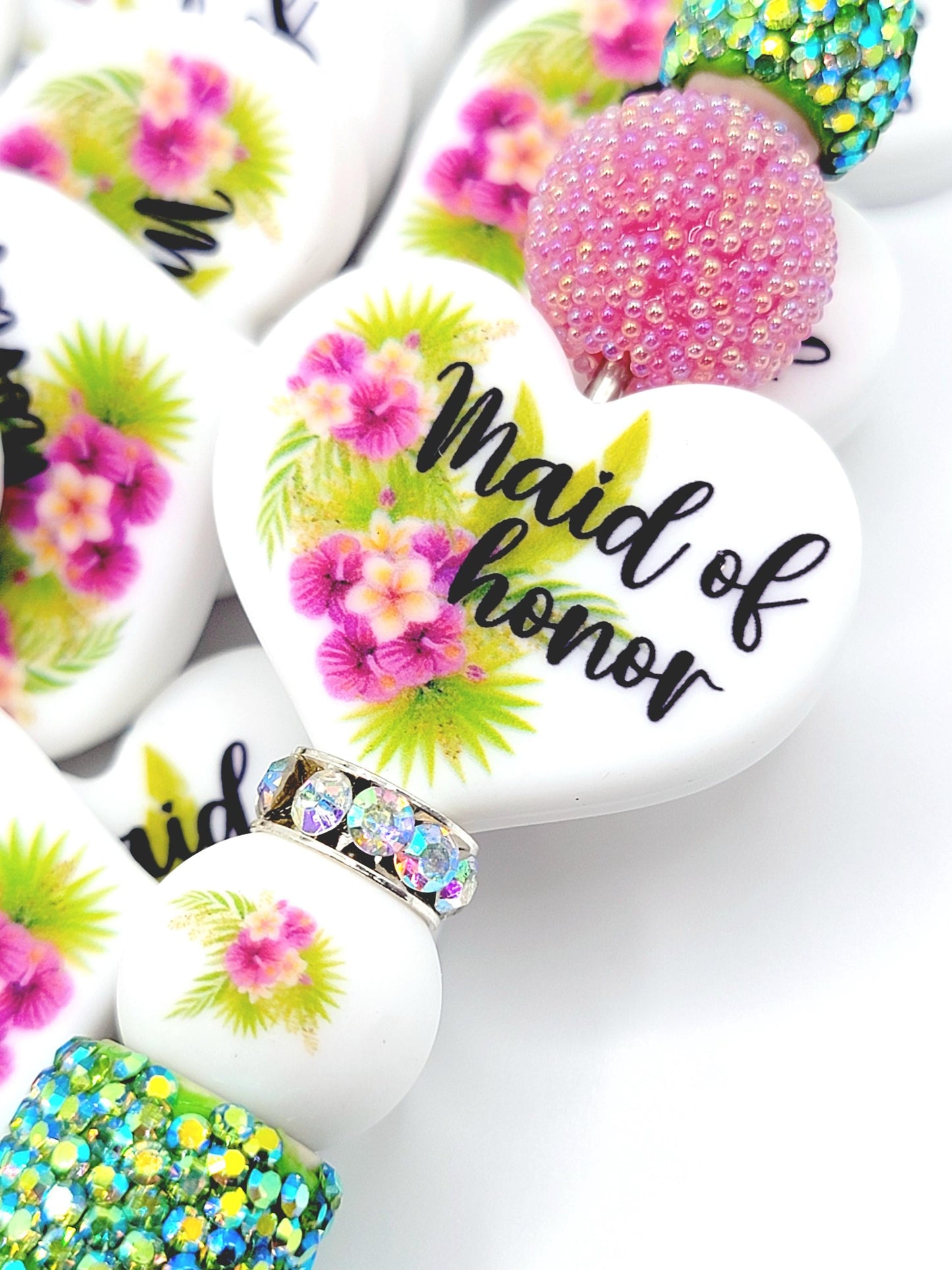 Tropical Floral Maid of Honor Heart Silicone Focal Pen Bead – Printed Bridal Heart Bead (Set 1 or 2)