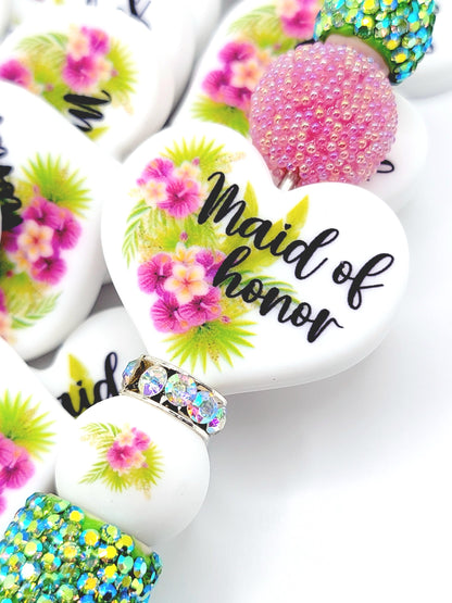 Tropical Floral Maid of Honor Heart Silicone Focal Pen Bead – Printed Bridal Heart Bead (Set 1 or 2)