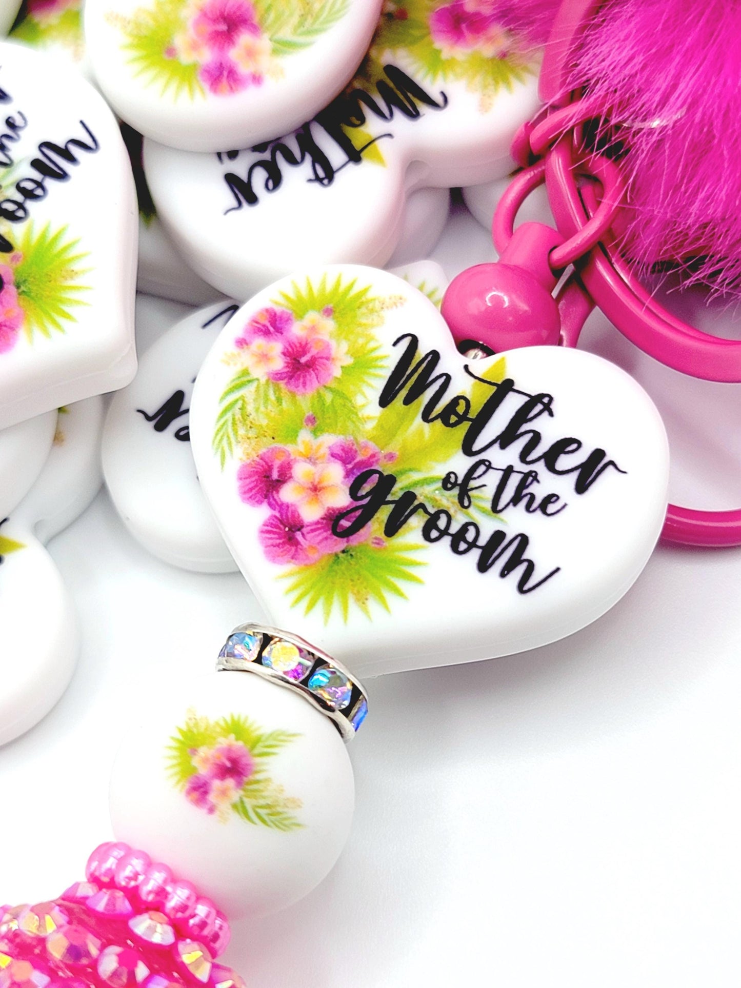 Tropical Mother of the Groom Heart Focal Pen Bead – Printed Silicone Bridal Pen Bead (Set 1 or 2)