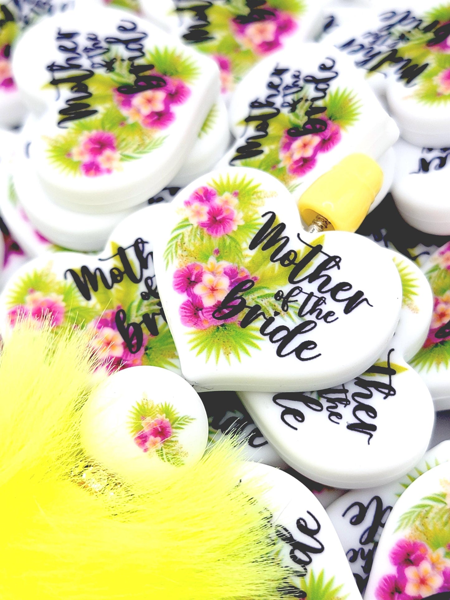 Tropical Mother of the Bride Heart Focal Pen Bead – Printed Silicone Bridal Pen Bead (Set 1 or 2)