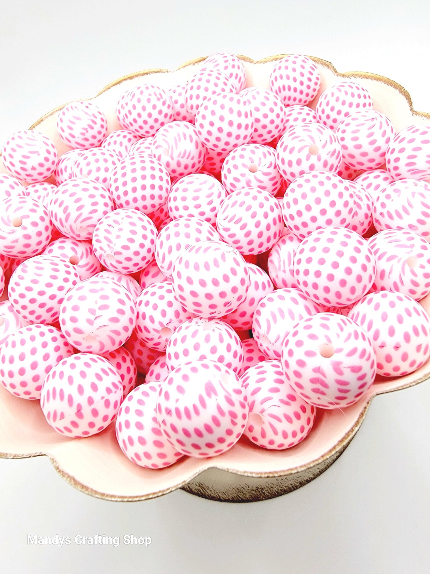 15mm Printed Pink & White Polka Dot Silicone Bead – Pink Round Beads for Pens & Wristlets
