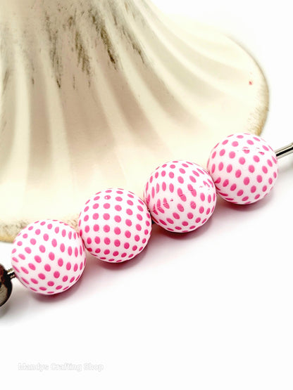 15mm Printed Pink & White Polka Dot Silicone Bead – Pink Round Beads for Pens & Wristlets