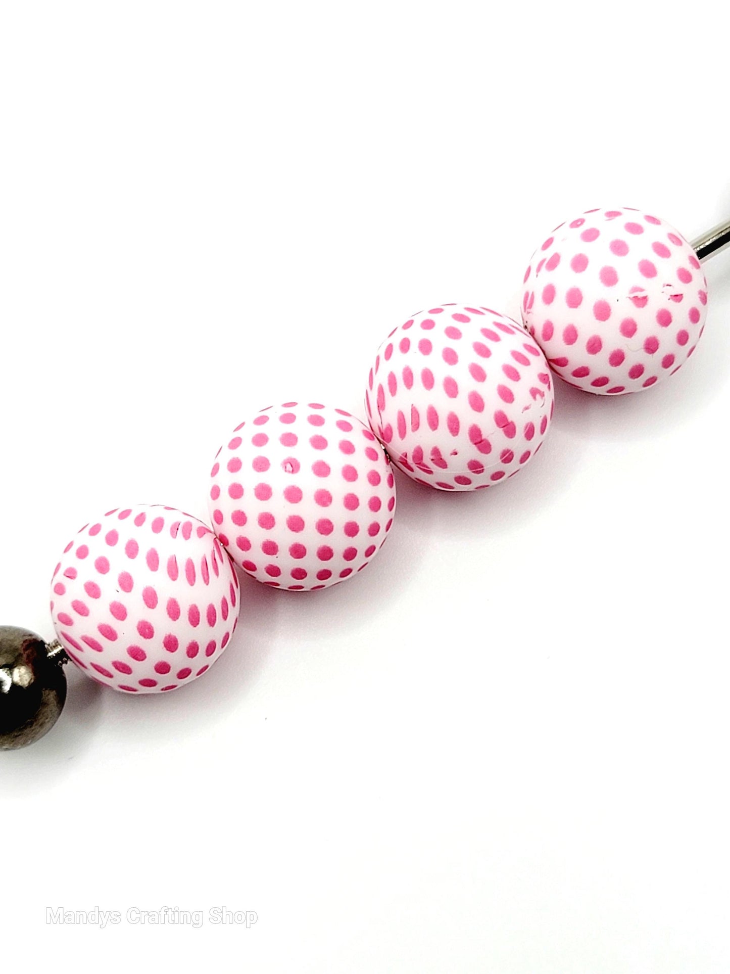 15mm Printed Pink & White Polka Dot Silicone Bead – Pink Round Beads for Pens & Wristlets