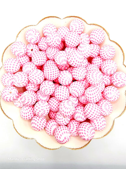 15mm Printed Pink & White Polka Dot Silicone Bead – Pink Round Beads for Pens & Wristlets