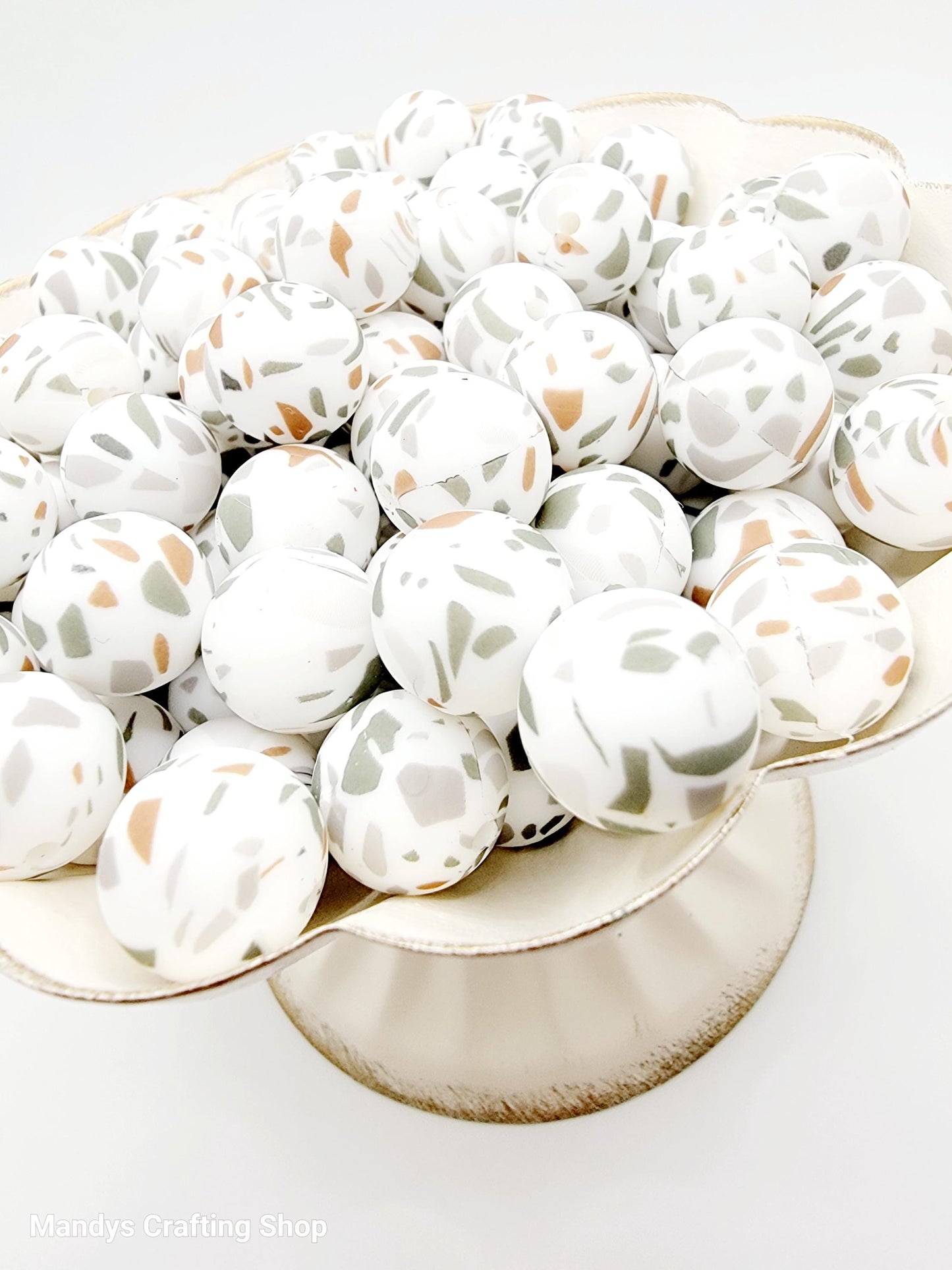 15mm Printed Gray and Brown Terrazzo Silicone Bead – Silicone Round Beads for Pens & Wristlets