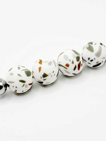 15mm Printed Gray and Brown Terrazzo Silicone Bead – Silicone Round Beads for Pens & Wristlets