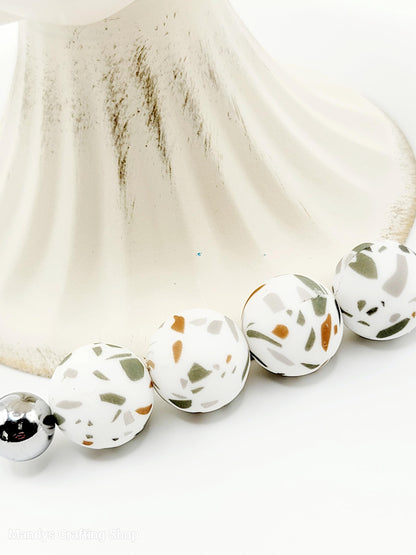15mm Printed Gray and Brown Terrazzo Silicone Bead – Silicone Round Beads for Pens & Wristlets