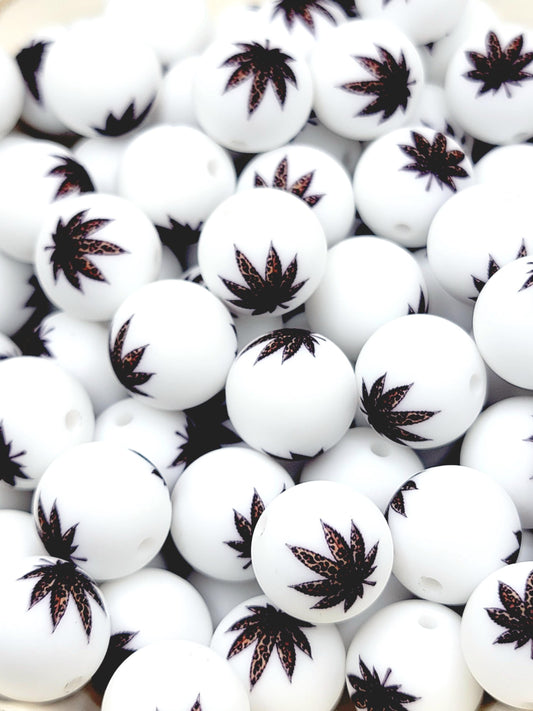 15mm Printed Weed Leaf Leopard Silicone Bead – 420 Cannabis Round Beads for Pens & Wristlets