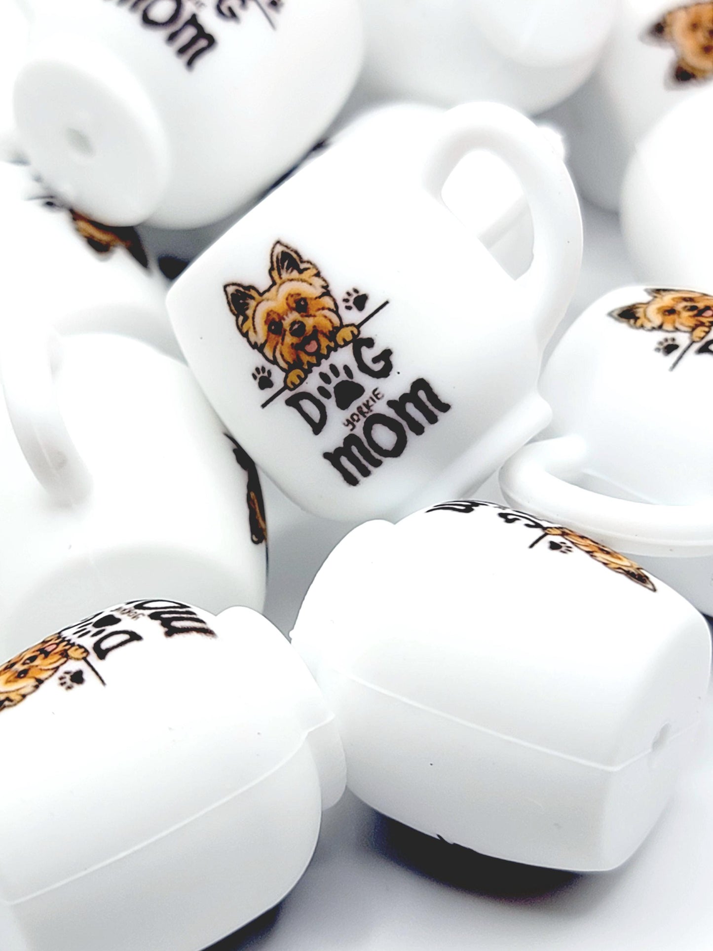 Yorkie Dog Mom 3D Cup Silicone Focal Bead – Dog Lover Pen Bead (Set of 1, 2 or 5)