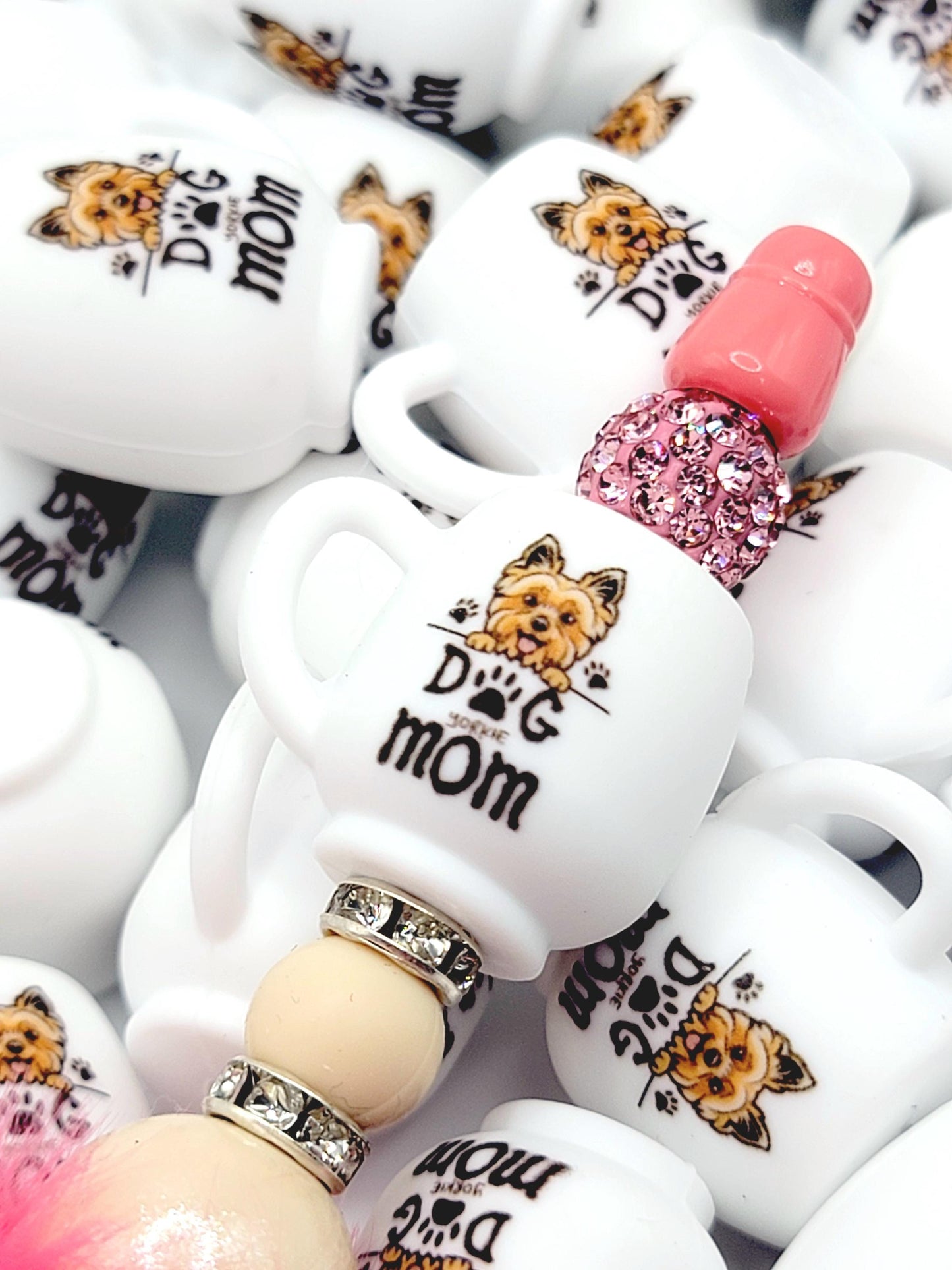 Yorkie Dog Mom 3D Cup Silicone Focal Bead – Dog Lover Pen Bead (Set of 1, 2 or 5)