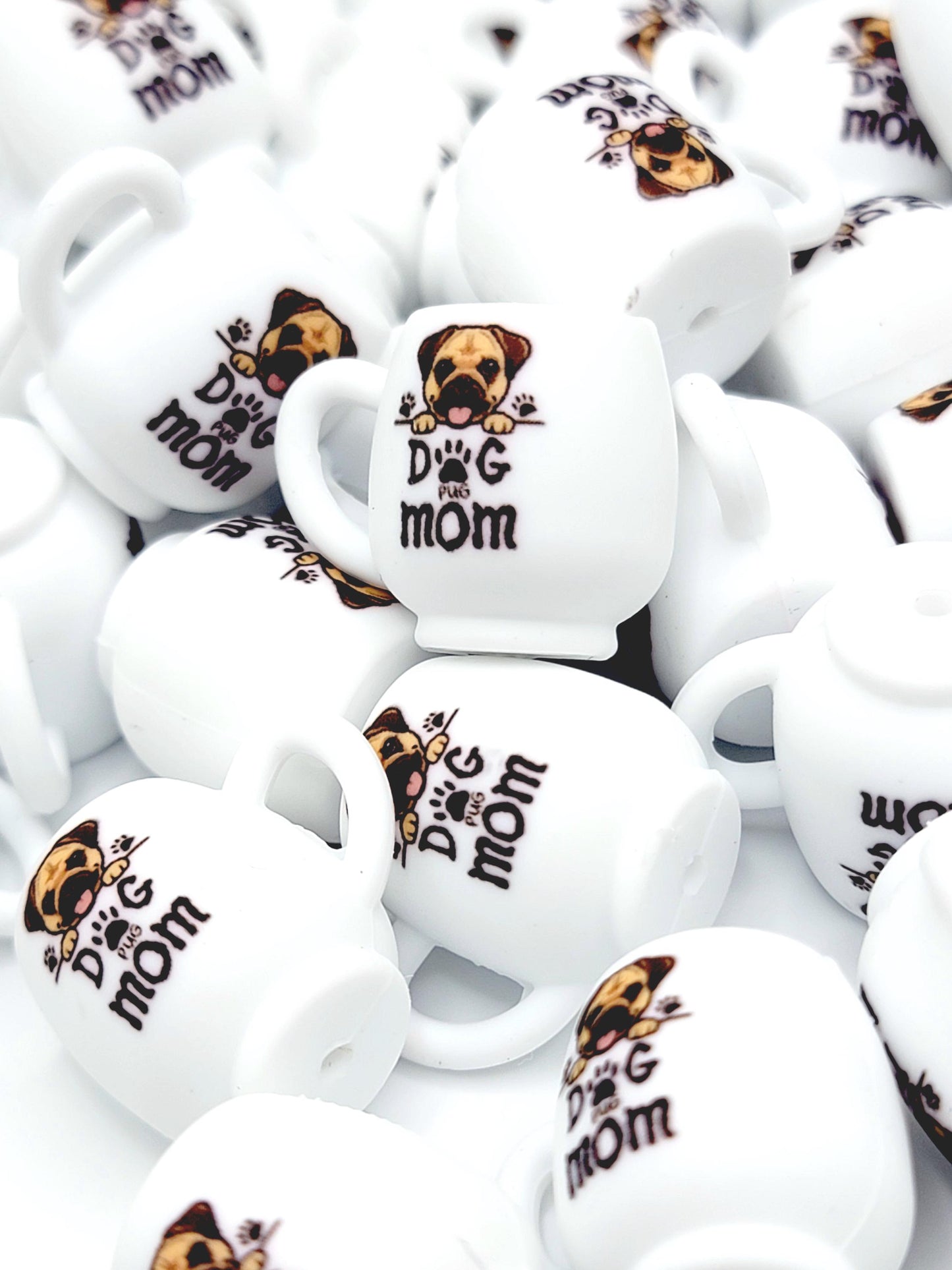 Pug Dog Mom 3D Cup Silicone Focal Bead – Dog Lover Pen Bead (Set of 1, 2 or 5)