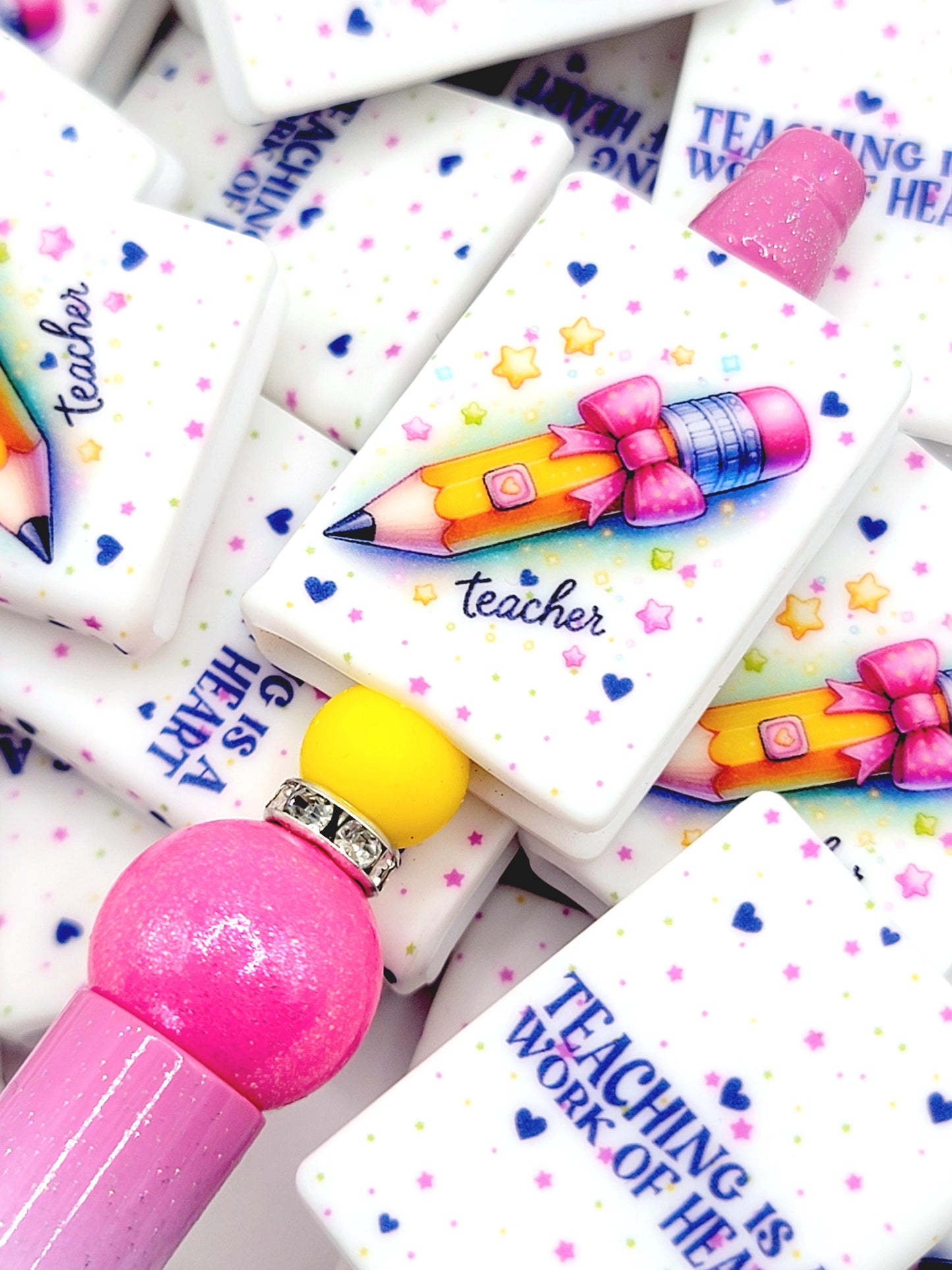 Teacher Pencil Bow Silicone Book Focal Bead – Back to School Journal Pen Bead (Set of 1 or 2)