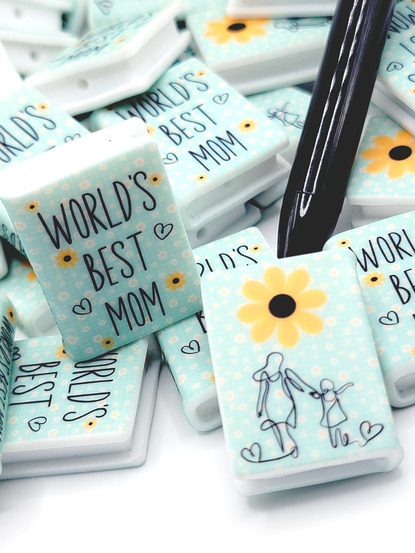 World’s Best Mom Book Silicone Focal Bead – Mom Journal Pen Bead (Set of 1 or 2)