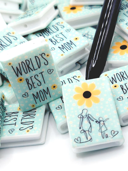 World’s Best Mom Book Silicone Focal Bead – Mom Journal Pen Bead (Set of 1 or 2)