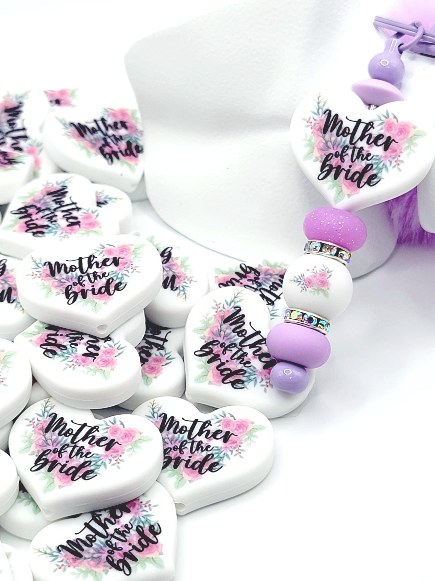 Floral Mother of the Bride Heart Focal Pen Bead – Printed Silicone Bridal Gift Bead (Set of 2)