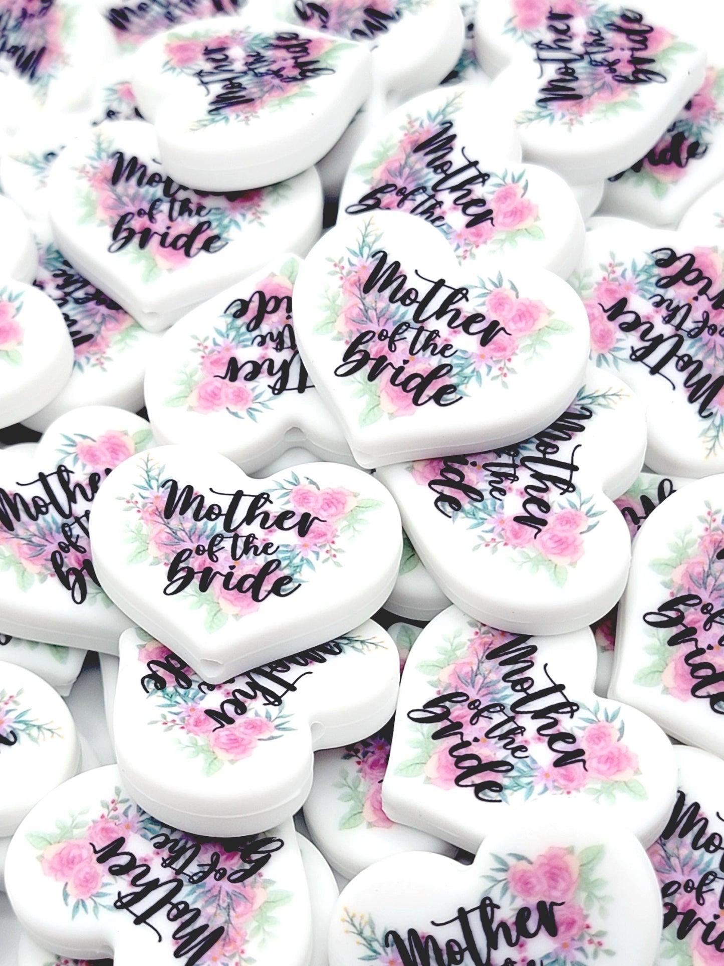 Floral Mother of the Bride Heart Focal Pen Bead – Printed Silicone Bridal Gift Bead (Set of 2)