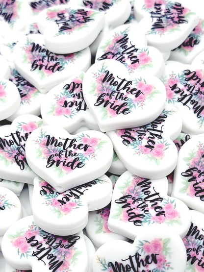 Floral Mother of the Bride Heart Focal Pen Bead – Printed Silicone Bridal Gift Bead (Set of 2)