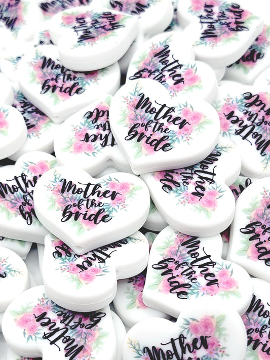Floral Mother of the Bride Heart Focal Pen Bead – Printed Silicone Bridal Gift Bead (Set of 2)
