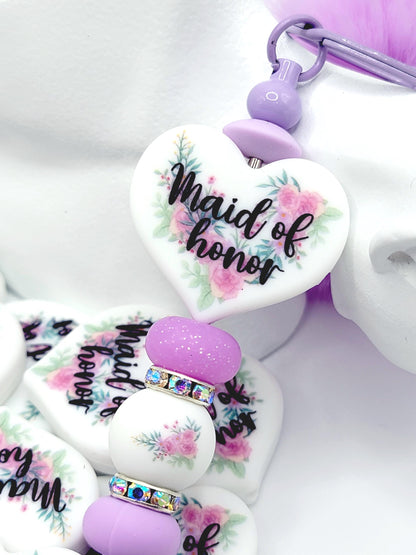 Floral Maid of Honor Heart Focal Pen Bead – Printed Silicone Bridal Party Gift Bead (Set of 2)