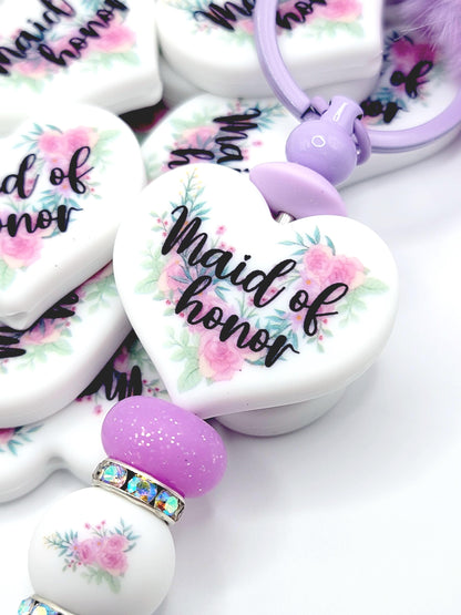 Floral Maid of Honor Heart Focal Pen Bead – Printed Silicone Bridal Party Gift Bead (Set of 2)