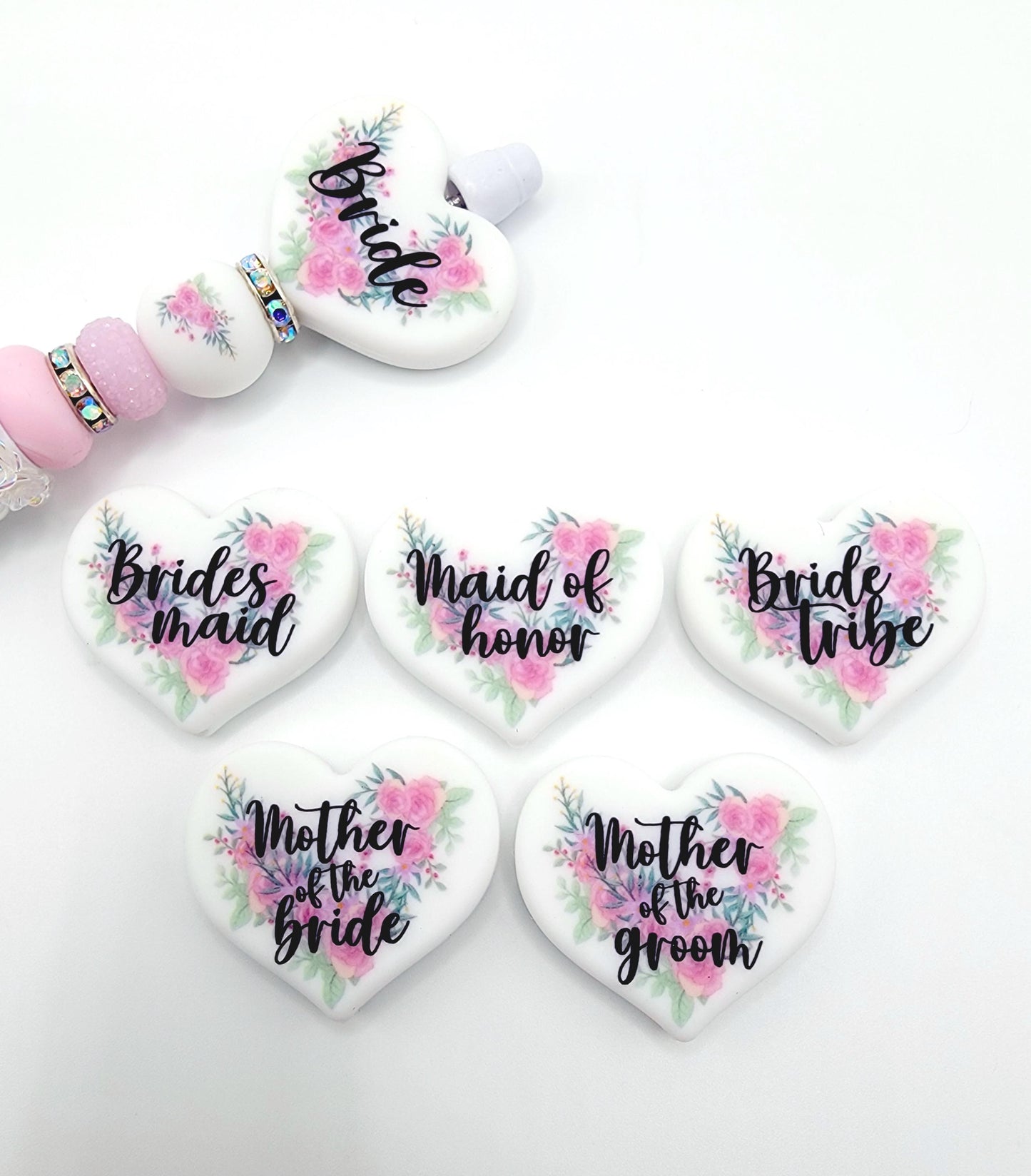 Floral Maid of Honor Heart Focal Pen Bead – Printed Silicone Bridal Party Gift Bead (Set of 2)