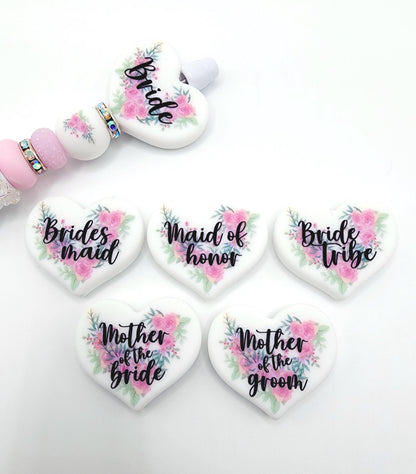 Floral Maid of Honor Heart Focal Pen Bead – Printed Silicone Bridal Party Gift Bead (Set of 2)