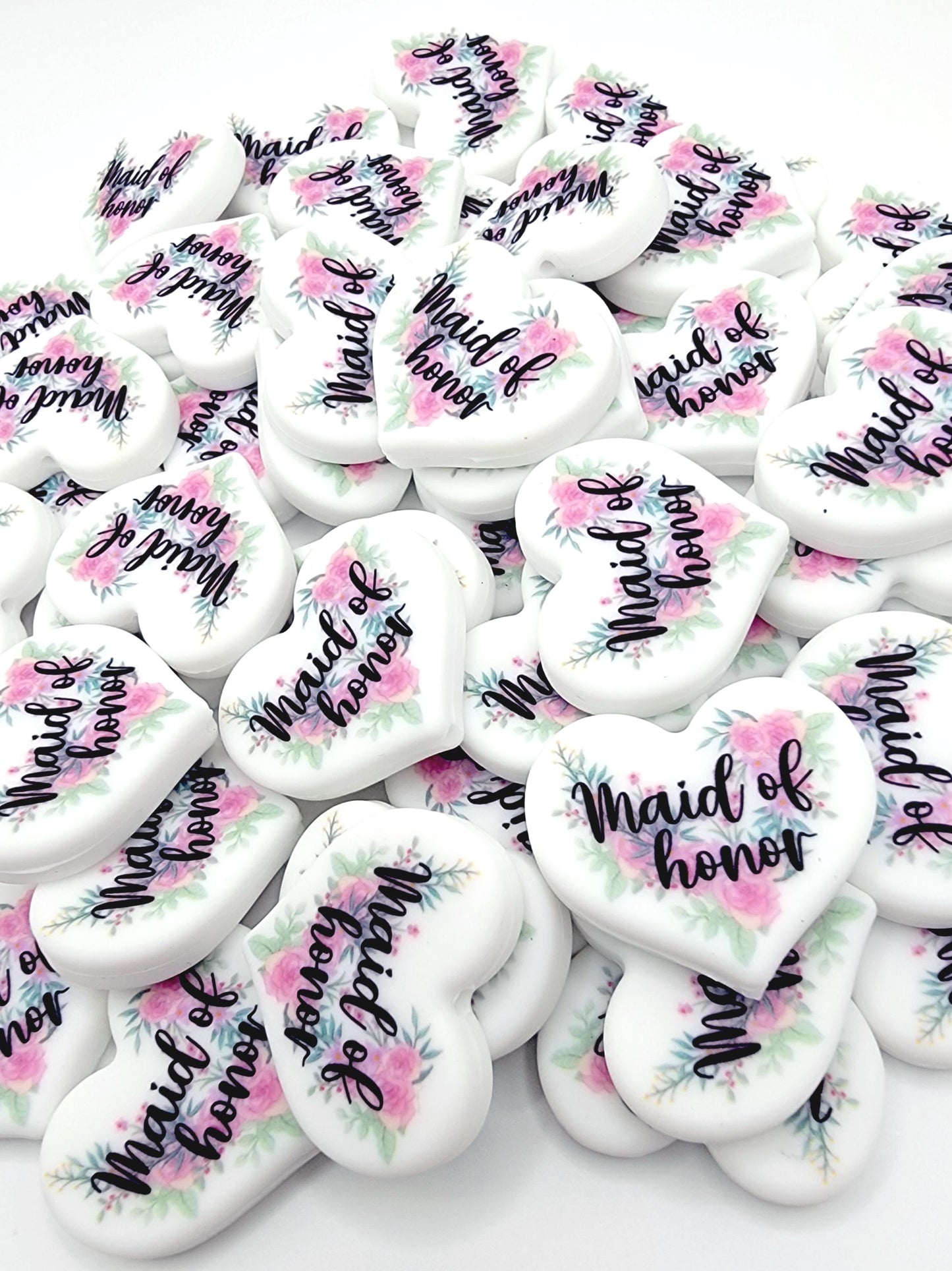 Floral Maid of Honor Heart Focal Pen Bead – Printed Silicone Bridal Party Gift Bead (Set of 2)