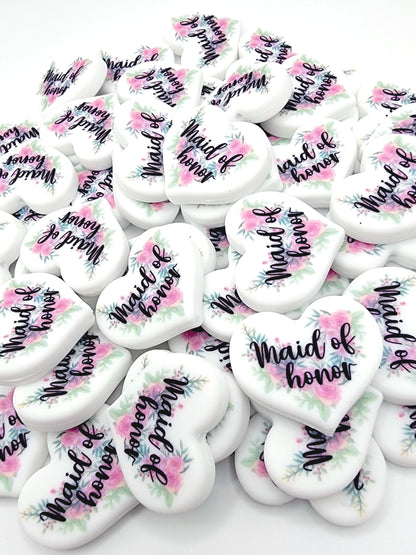 Floral Maid of Honor Heart Focal Pen Bead – Printed Silicone Bridal Party Gift Bead (Set of 2)