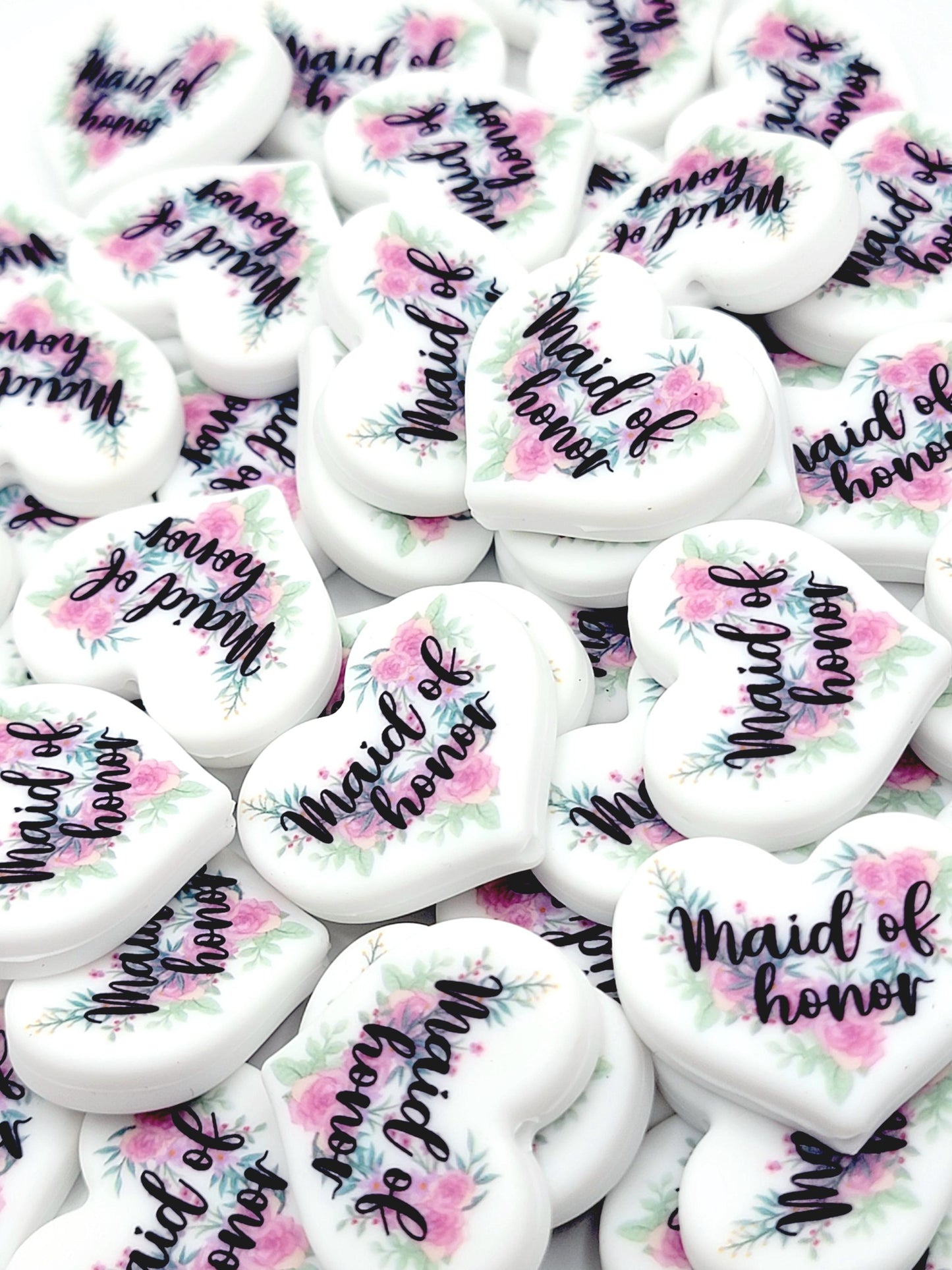 Floral Maid of Honor Heart Focal Pen Bead – Printed Silicone Bridal Party Gift Bead (Set of 2)