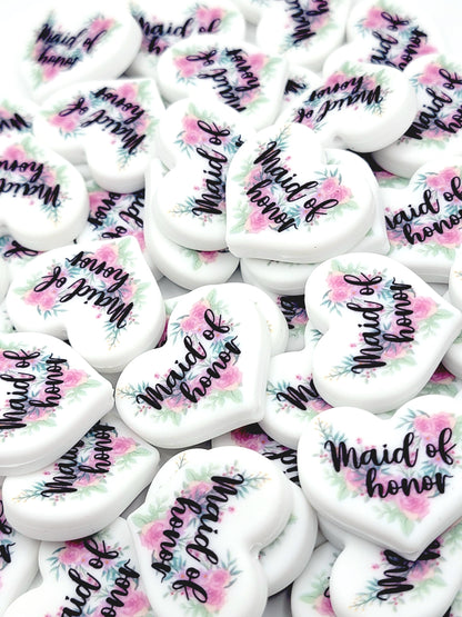 Floral Maid of Honor Heart Focal Pen Bead – Printed Silicone Bridal Party Gift Bead (Set of 2)