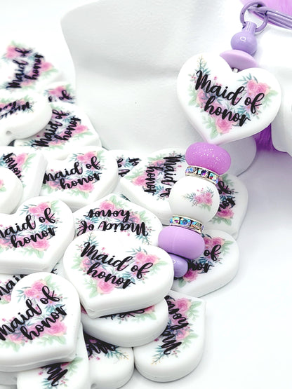 Floral Maid of Honor Heart Focal Pen Bead – Printed Silicone Bridal Party Gift Bead (Set of 2)
