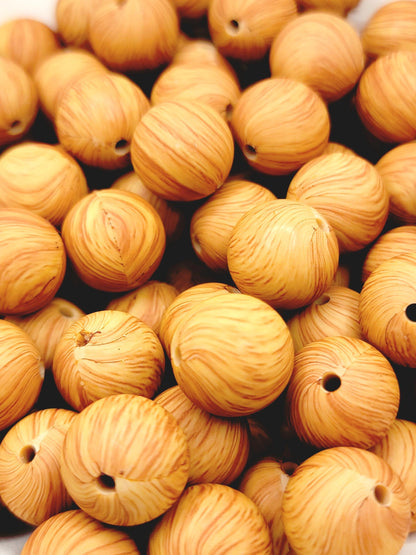 15mm Printed Wood Print Silicone Beads – Brown Round Beads for Pens & Wristlets
