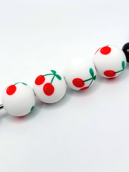 15mm Printed Cherry Print Silicone Bead – Round Fruit Spacer Beads for Pens & Wristlets