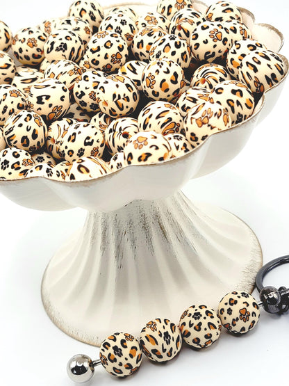 15mm Printed Brown Leopard Paw Print Silicone Bead – Round Pet Beads for Pens & Wristlets