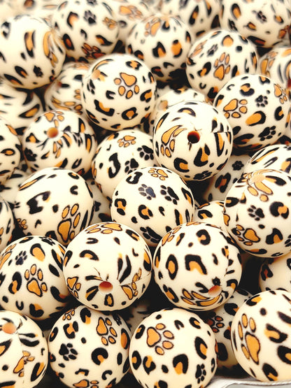 15mm Printed Brown Leopard Paw Print Silicone Bead – Round Pet Beads for Pens & Wristlets